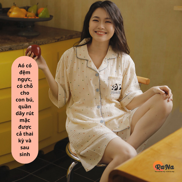 Bộ ngủ pyjama Rana có chỗ cho con bú áo đệm ngực quần có dây rút