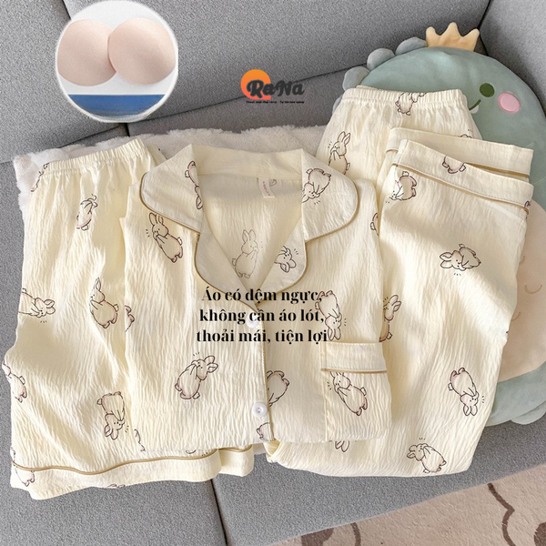 Đồ Bộ Nữ 3 Món Có Đệm Ngực – Áo Tay Lỡ, Quần Dài & Quần Đùi