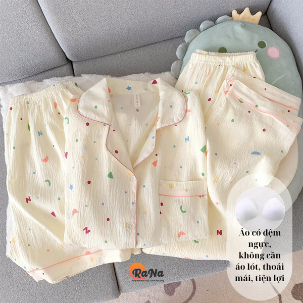 Đồ Bộ Nữ 3 Món Có Đệm Ngực – Áo Tay Lỡ, Quần Dài & Quần Đùi
