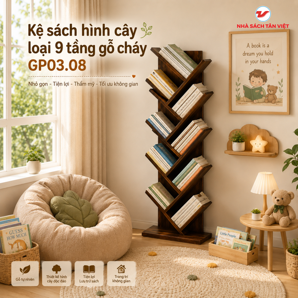 Kệ Sách Hình Cây Loại 9 Tầng Gỗ Cháy GP03.08 - Decor Phòng Khách, Góc Đọc Sách Cho Bé