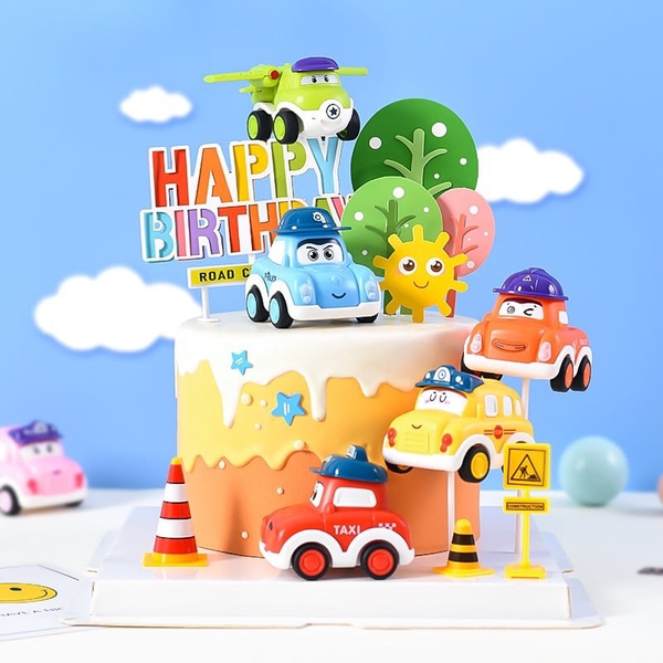 Bộ 6 Ô Tô Hoạt Hình Có Cót Trang Trí Bánh Kem