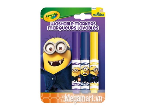 Crayola Bộ 3 bút lông Minions xanh dương, tím và đỏ - tẩy rửa được cho bé từ 3 tuổi