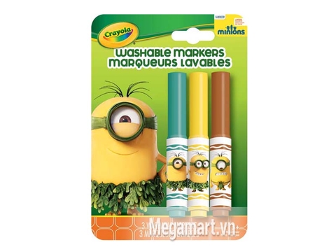 Crayola Bộ 3 bút lông Minions xanh lá, vàng và đỏ - tẩy rửa được dành cho bé thích vẽ tranh