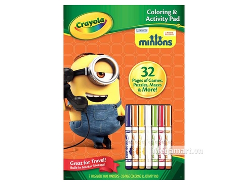 Hình ảnh vỏ hộp bộ Crayola Bộ bút giấy tô màu và câu đố hình Minions (7 bút lông tẩy rửa được, 32 trang giấy)