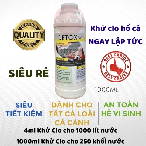 Detox W+ 1 lít khử Clo, Clorine giảm kim loại nặng bể cá Koi, bể cá cảnh, chống sốc nước máy, sốc Clo