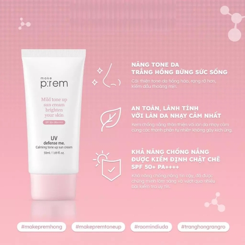 Kem Chống Nắng Make P:rem UV Defense Me Tone Up 50ml – Vật Lý, Dịu Nhẹ, Nâng Tông Sáng Hồng