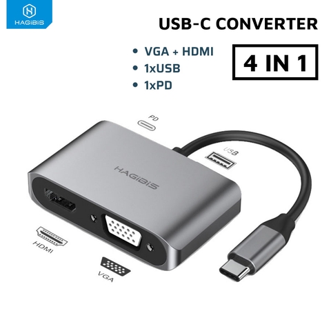 Hagibis 4 IN 1 USB-C Sang VGA + HDMI Kèm USB 3.0 + PD 604665