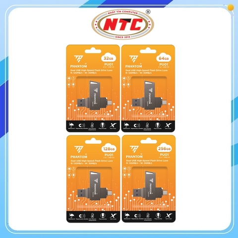 USB 3.0 OTG PHANTOM PU01 32GB/ 64GB/ 128GB/ 256GB Cổng USB-A và TypeC cho Máy Tính / Điện Thoại - Vỏ Kim Loại (Xám)