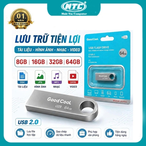 USB 2.0 kim loại nguyên khối GOOD COOL U29 dung lượng 64GB đọc 20MB/s ghi 10MB/s (bạc)