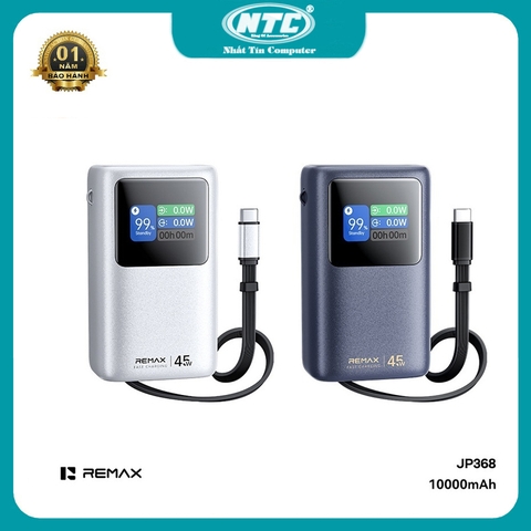 [CHỨNG NHẬN 3C / CCC] Pin dự phòng lõi Li-ion Remax JP368 10000mAh Cổng & Cáp TypeC Output 45W, Input 30W, USB 22.5W - LCD báo dòng sạc
