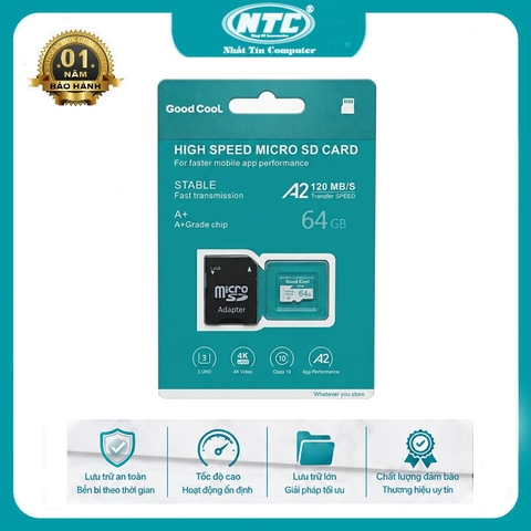 [CHUYÊN CAMERA] Thẻ nhớ microSDHC GOODCOOL Pro 64GB A2 UHS-I U3 quay ghi hình 2K/4K - kèm adapter SD (xanh)
