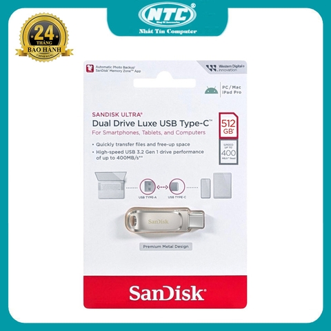 USB OTG Sandisk SDDDC4 Drive Luxe 512GB TypeC 3.2 tốc độ 400MB/s - Vỏ kim loại nguyên khối (Bạc)