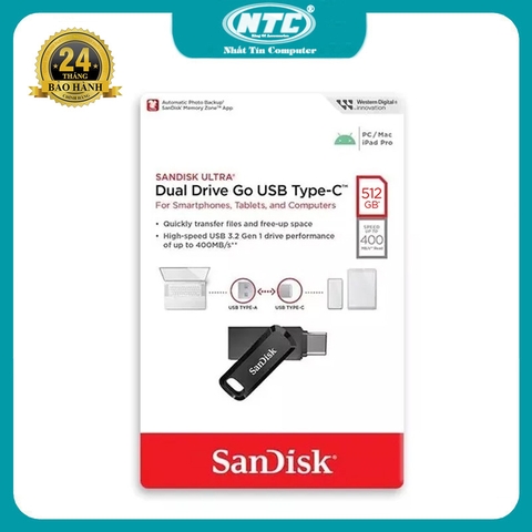 USB OTG 512GB Sandisk SDDDC3 Drive Go TypeC 3.1 tốc độ 400MB/s - vỏ nhựa chống nhiễm điện (Đen)