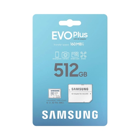Thẻ nhớ MicroSDXC Samsung Evo Plus 512GB tốc độ đọc 160MB/s ghi 60MB/s U3 4K A2 made in Korea - Kèm Adapter (trắng)