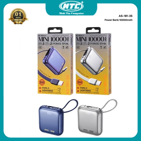 [CÓ 3C / CCC] Pin Dự Phòng Remax AS-181-35 10000mAh Cổng & Cáp TypeC 35W, cáp L-ning 20W, USB 22.5W