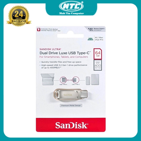 USB OTG Sandisk SDDDC4 Drive Luxe 64GB TypeC 3.2 tốc độ 400MB/s - Vỏ kim loại nguyên khối (Bạc)