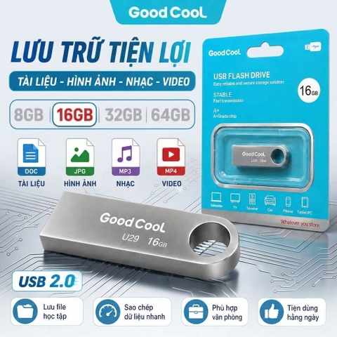 USB 2.0 kim loại nguyên khối GOOD COOL U29 dung lượng 16GB đọc 20MB/s ghi 10MB/s (bạc)