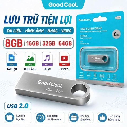 USB 2.0 kim loại nguyên khối GOOD COOL U29 dung lượng 8GB đọc 20MB/s ghi 10MB/s (bạc)