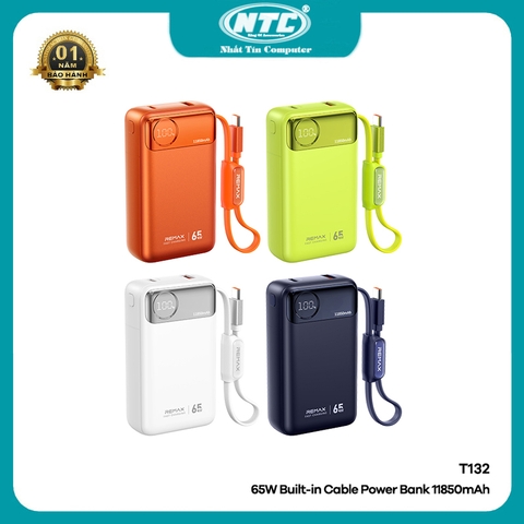 [CÓ 3C / CCC] Pin Dự Phòng siêu nhanh 65W Remax T132 11850mAh Kèm cáp TypeC to TypeC 60W, USB 22.5W