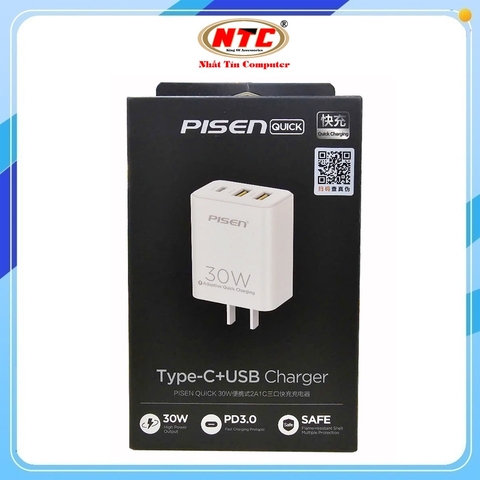 Cốc sạc nhanh 3 cổng Pisen FYD-DQ-06 1 cổng PD TypeC max 30W, 2 cổng USB-A 18W (Trắng)