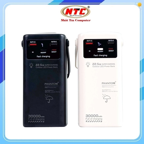 Pin sạc dự phòng PHANTOM P42 30.000mAh hỗ trợ QC 3.0 22.5W và TypeC PD 20W, Kèm 4 cáp sạc, Đèn led siêu sáng