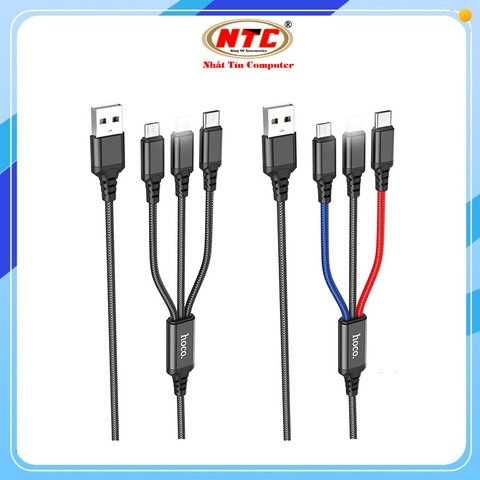 Cáp sạc 3 đầu Hoco X76 cổng Lightning / Type-C / MicroUSB dài 1M, max 2A (Đen)