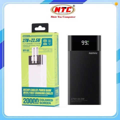 Pin dự phòng Remax RPP-691 20.000mAh, Công Suất 27W, Màn hình LCD, Kèm 2 cáp TypeC & Lightning sạc nhanh