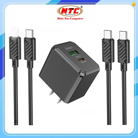 Bộ sạc Hoco CS14 chân dẹp, Type-C PD 20W kèm cáp TypeC to TypeC hoặc TypeC to Lightning (Đen)