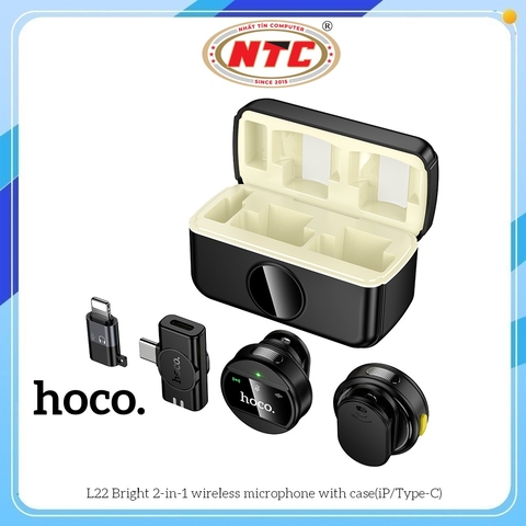 Bộ 2 Microphone Live-Stream không dây Hoco L22 cổng TypeC kèm đầu chuyển Lightning, Dock hiển thị Pin (Đen)