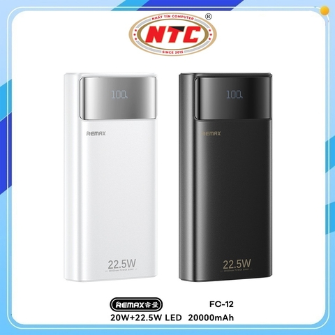 Pin Dự Phòng Remax FC-12 20000mAh, USB-A QC 22.5W, TypeC PD 20, Kèm 3 cáp sạc, Đèn pin siêu sáng