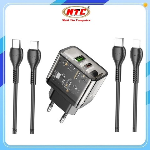 Bộ sạc nhanh 2 cổng Hoco N34 TypeC PD 20W và QC3.0 18W, Thiết kế trong suốt, kèm cáp C to C or C to Lightning (Đen)