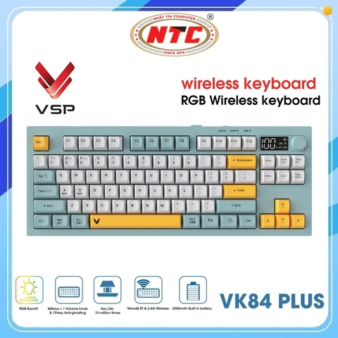 Bàn phím Gaming có Dây kiêm Wireless và Bluetooth VSP VK84 Plus 84 phím, núm điều chỉnh độ sáng, hỗ trợ Anti-ghosting 19 phím (Trắng Xanh)