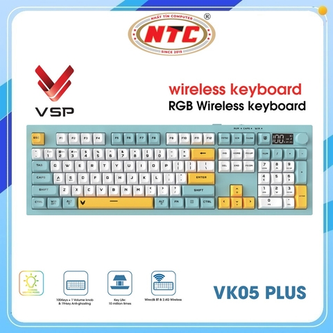 Bàn phím Gaming có Dây kiêm Wireless và Bluetooth VSP VK05 Plus 105 phím, hỗ trợ Anti-ghosting 19 phím (Trắng Xanh)