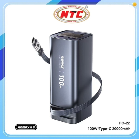 Pin dự phòng Remax FC-22 20000mAh Cell Li-ion 21700m cổng TypeC In/Out 100W, Cáp rút TypeC 70C in 60W / out 100W - sạc được Laptop/Mac (Xám)