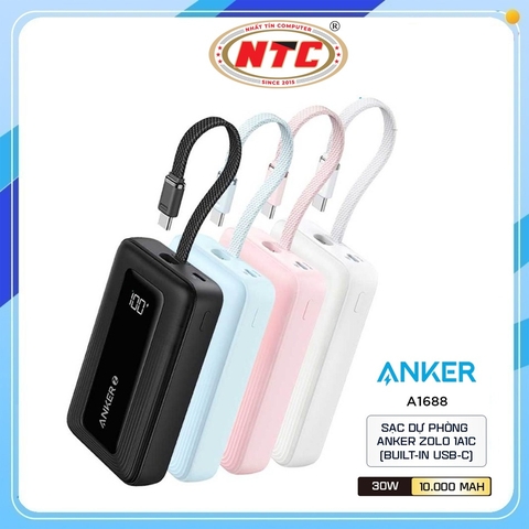 Pin dự phòng Anker Zolo A1688 10000mAh TypeC PD 30W và USB-A QC 3.0 22.5W, tích hợp cáp TypeC 30W