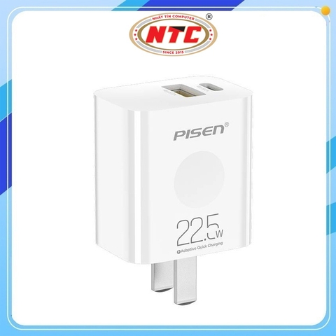Cốc sạc nhanh 2 cổng Pisen KC-C02 chân Gập, Cổng TypeC PD 20W và USB-A 22.5W (Trắng)