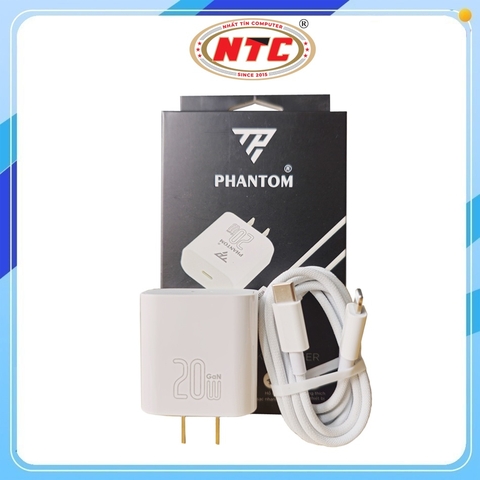 Bộ sạc nhanh Phantom PT5 TypeC to Lightning PD 20W, công nghệ GaN, Cáp dù dài 1M (Trắng)