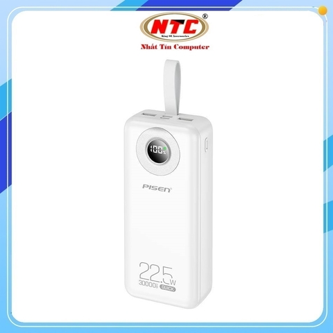 Pin dự phòng Pisen TP-D074 30.000mAh TypeC PD 20W, USB-A QC 3.0 22.5W, Màn hình LCD (Trắng)