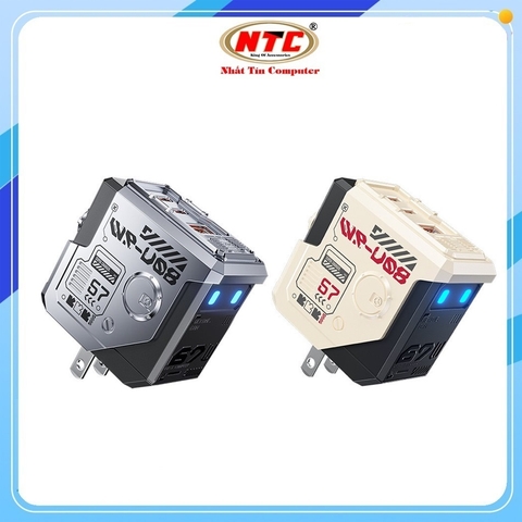 Cốc sạc nhanh 3 cổng Wekome WP-U08 chân gập US, 2 cổng TypeC + 1 cổng USB Max 67W, vật liệu GaN