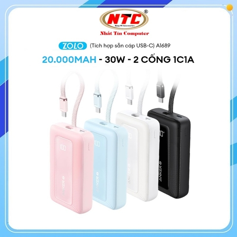 Pin dự phòng Anker Zolo A1689 20000mAh TypeC PD 30W và USB-A QC 3.0 22.5W, tích hợp cáp TypeC 30W
