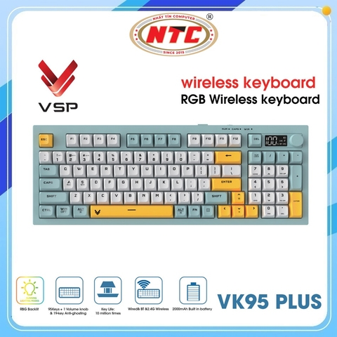 Bàn phím Gaming có Dây kiêm Wireless và Bluetooth VSP VK95 Plus 95 phím, núm điều chỉnh độ sáng, hỗ trợ Anti-ghosting 19 phím (Trắng Xanh)