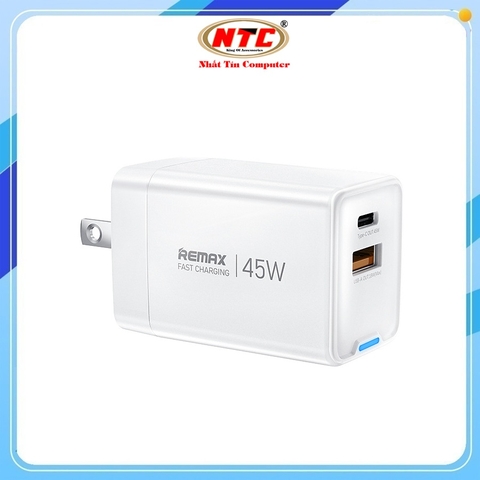 Cốc sạc nhanh 2 cổng Remax CA05 (AC45W) GaN, TypeC PD 45W, USB-A QC3.0 18W, Chân US (Trắng)