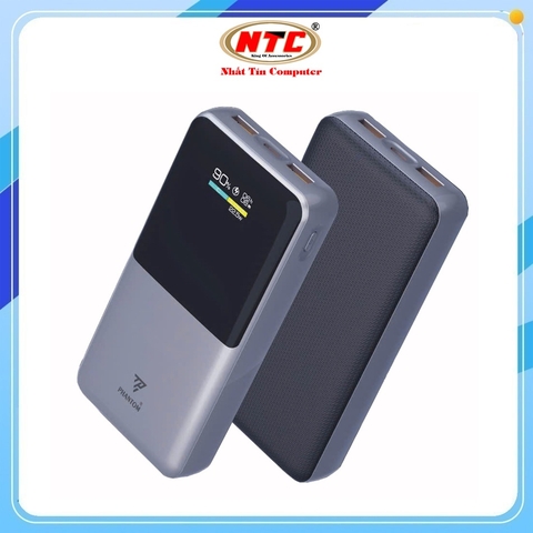 Pin dự phòng PHANTOM P54 20000mAh sạc nhanh QC 3.0 22.5W và TypeC PD 20W, Màn hình báo pin và dòng sạc (Xám)
