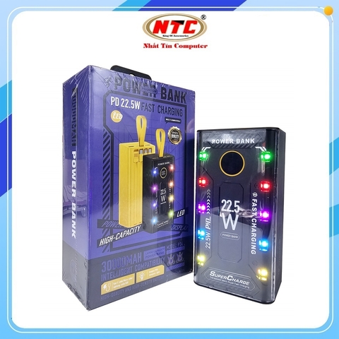 Pin dự phòng PHANTOM P34 30000mAh USB QC 22.5 và TypeC PD 20W, tích hợp 4 cáp sạc, 10 đèn led 4 chế độ (Đen)