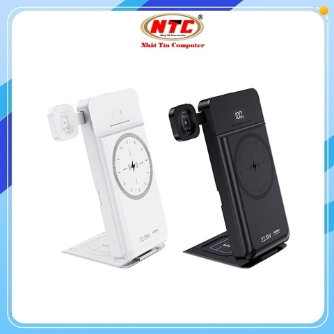 Pin dự phòng 5-in-1 Remax RPP-D3 10000mAh, Sạc không dây 15W, 2 cổng USB output 22.5W, kiêm giá đỡ điện thoại