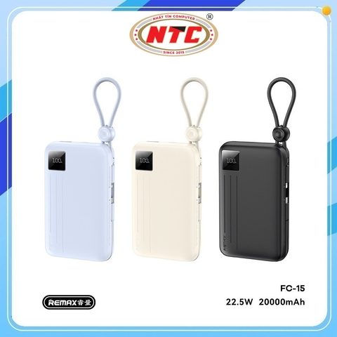Sạc dự phòng Remax FC-15 20000mAh, TypeC PD 22.5W, Màn hình LCD, Kèm 2 cáp TypeC & Lightning