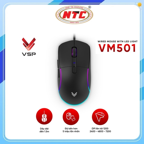 Chuột Gaming có dây 6D siêu nhẹ VSP VM501 DPI 7200 siêu nhạy, Led RGB cực đẹp (Đen)