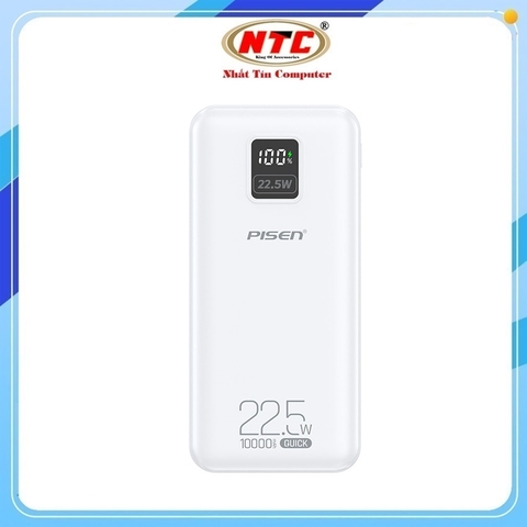 Pin dự phòng Pisen TP-D193 10.000mAh TypeC PD 20W, 2 USB-A QC 22.5W, Màn hình LCD (Trắng)