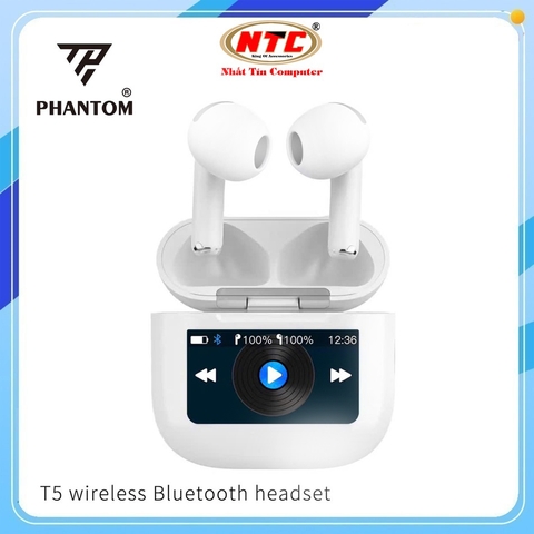 Tai nghe Bluetooth TWS PHANTOM T5 V5.4, pin 5H, chống ồn ANC, màn hình LCD điều khiển (Trắng)