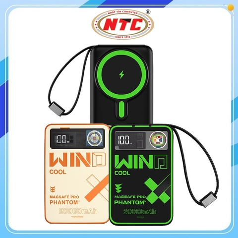 (Có 3C) Pin sạc dự phòng không dây PHANTOM P62W 20000mAh Sạc Magnetic 15W, TypeC / Lightning PD 20W, Tích hợp 2 cáp, Có giá đỡ, Tản nhiệt